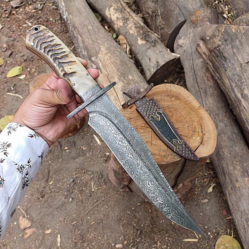 Custom Handmade Hunting Bowie Knife With Leather Sheath