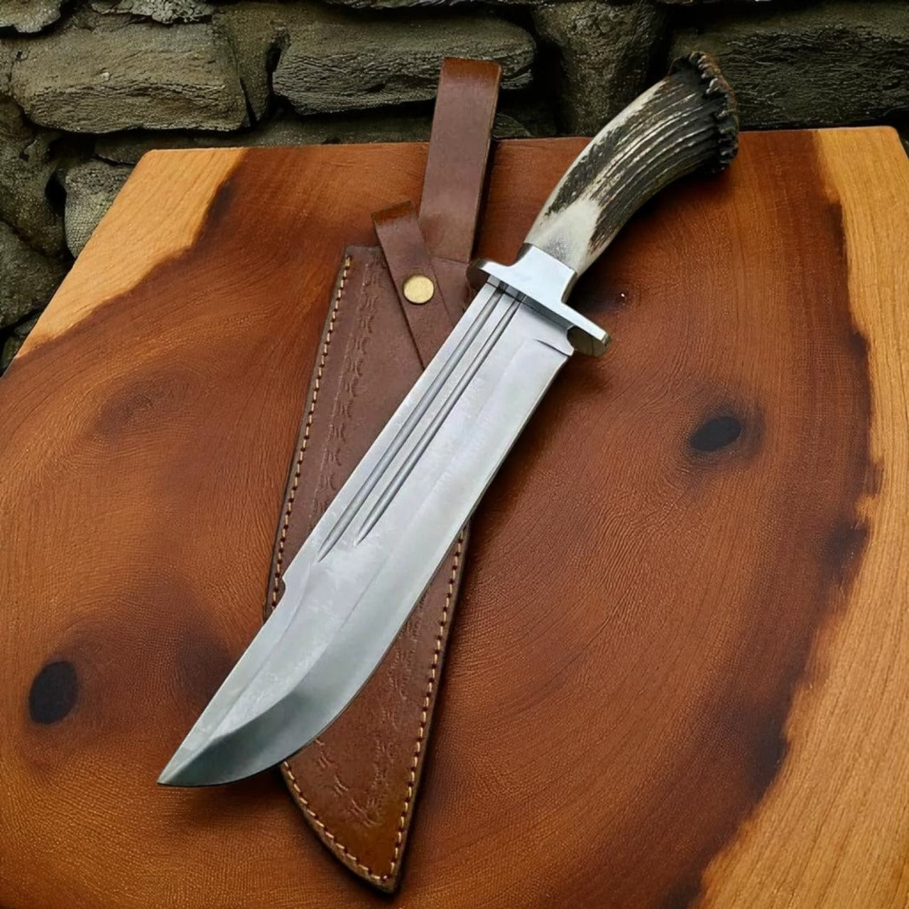 Hand-Forged High Carbon Steel Bowie Knife with Stag Handle | Hunting & Survival Knife with Leather Sheath