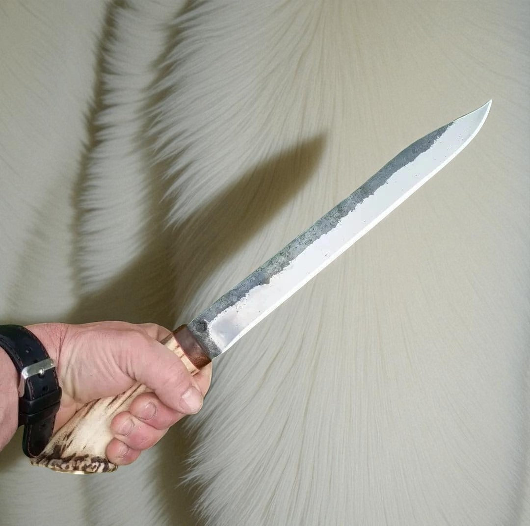 Custom Hunting Knife with Stag Antler Handle | Handmade Carbon Steel Blade | Leather Sheath Included