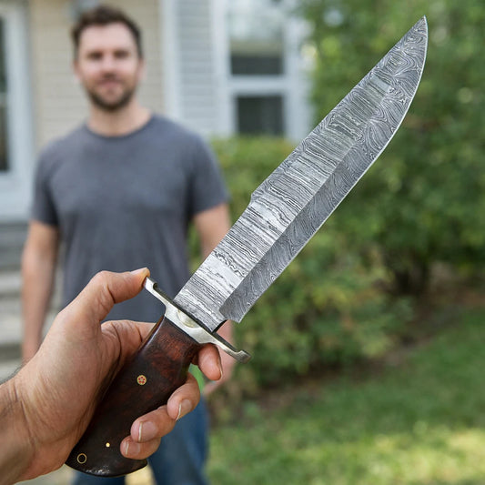 Handmade Damascus Steel Bowie Knife Blade Hunting Survival With Leather Sheath