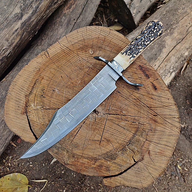Custom Handmade  Bowie Knife – 10" Hunting Blade, Mosaic Pattern, Stag Handle With Leather Sheath