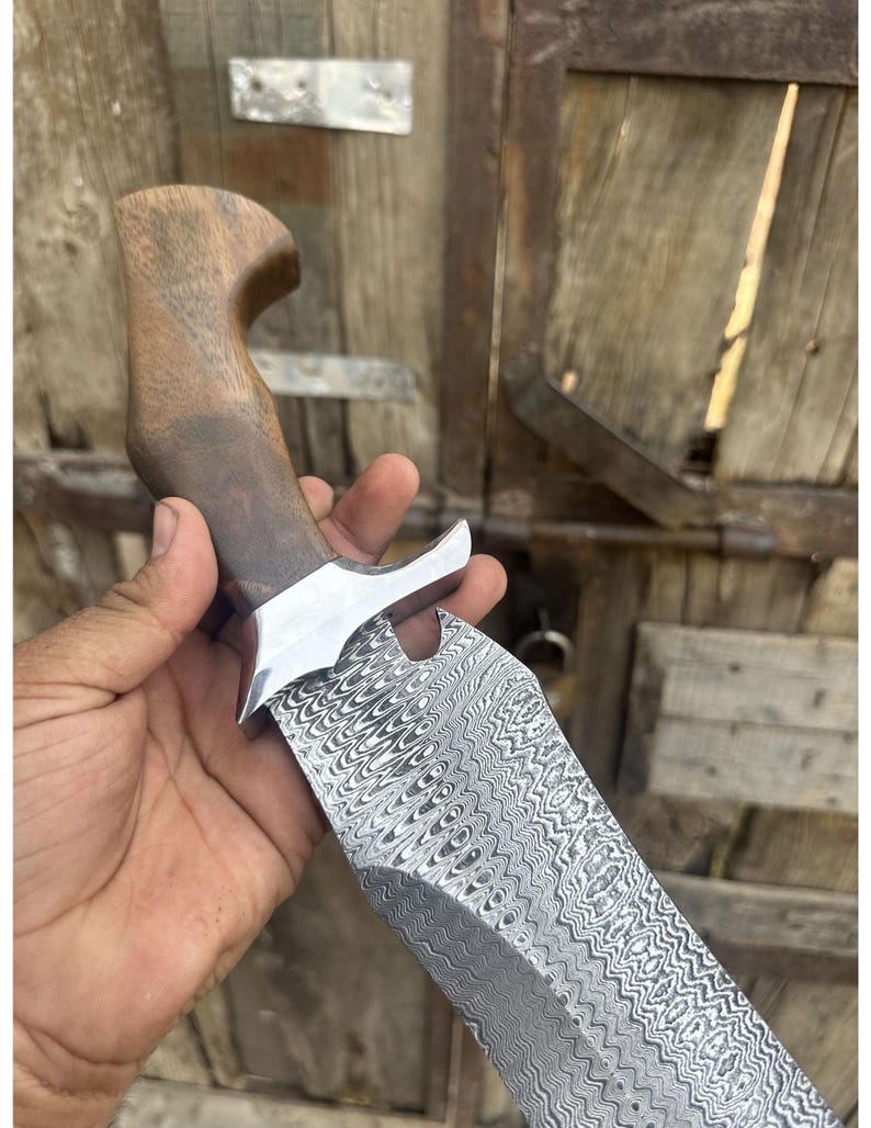 Custom Damascus Steel Hunting Bowie Knife | 15'' Handmade Survival Knife with Rose Wood Handle
