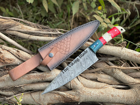 Handmade Damascus Chef Knife – 13” Kitchen Knife with Camel Bone & Wood Handle | Full Tang Construction