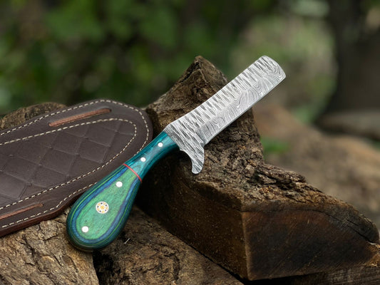 Hand-Forged Damascus Steel Cowboy Bull-Cutter Knife with Premium Leather Sheath