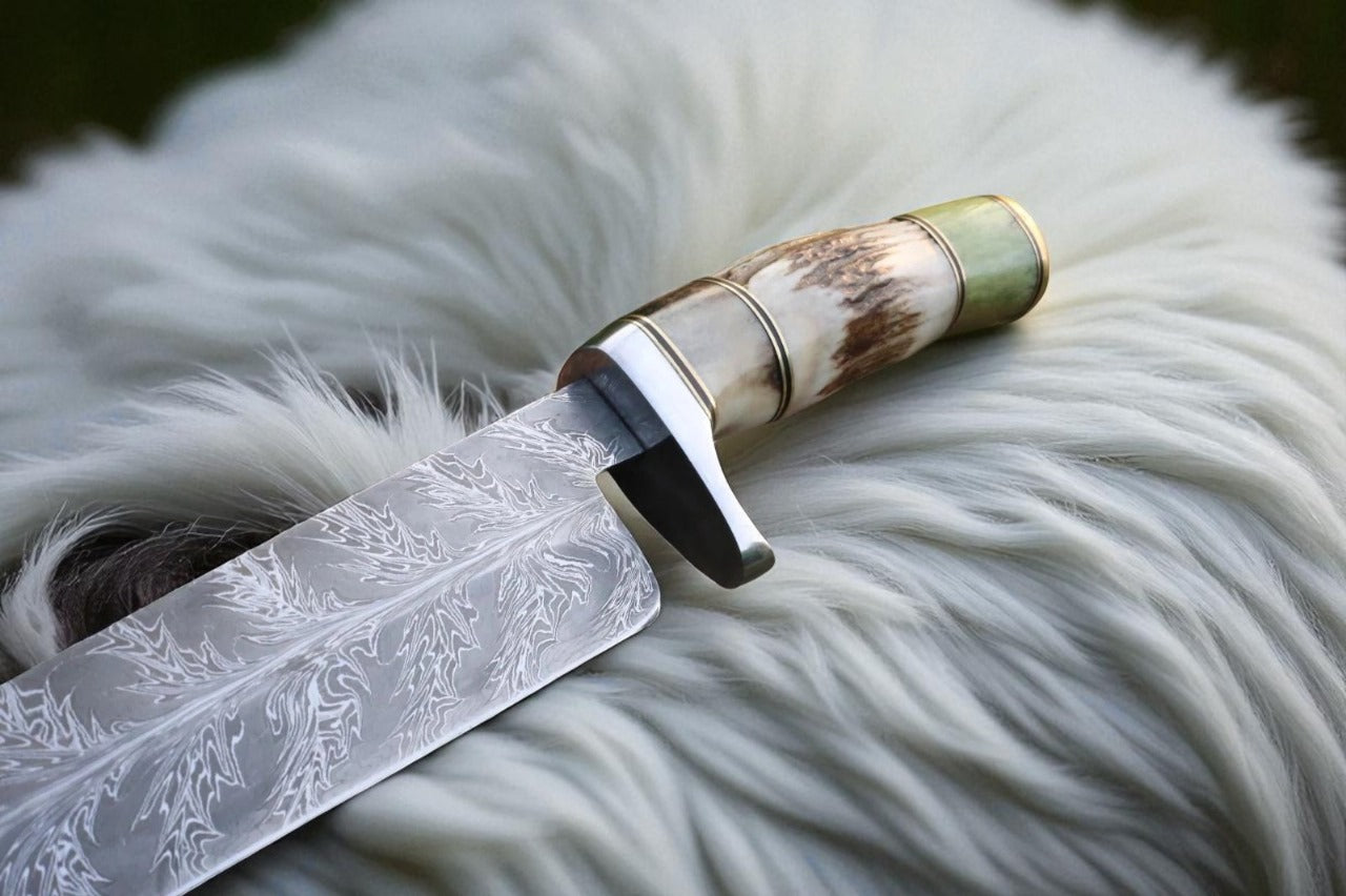 Custom Damascus Bowie Knife | Mosaic Pattern Blade | 16” Stag Horn Handle Hunting Knife