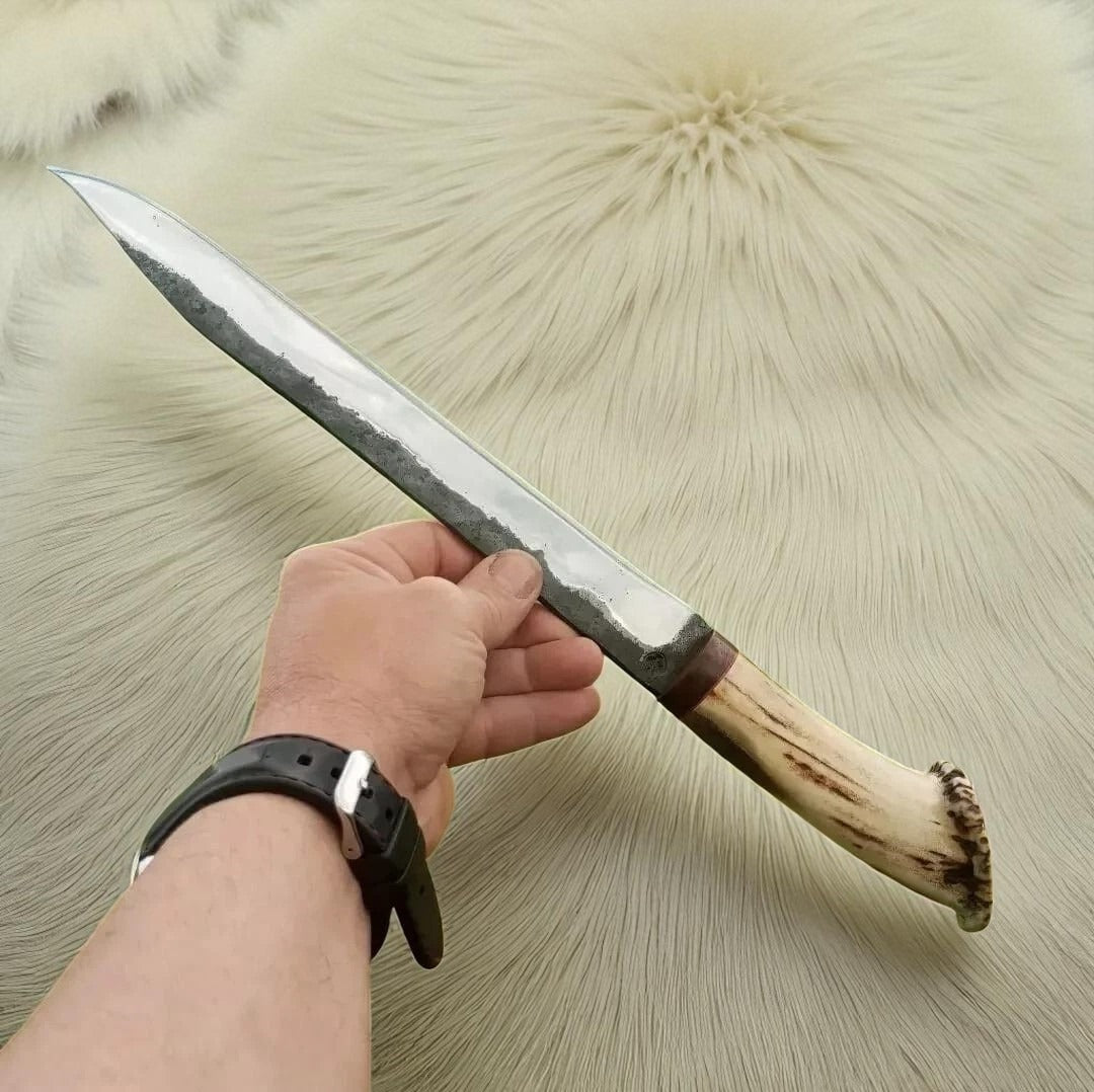 Custom Hunting Knife with Stag Antler Handle | Handmade Carbon Steel Blade | Leather Sheath Included
