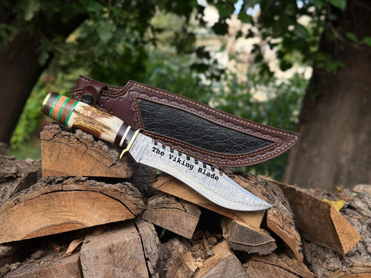 Handmade Damascus Bowie Knife with Stag Antler Handle – 14” Hunting Knife with Leather Sheath
