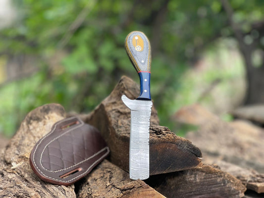 Hand-Forged Damascus Steel Cowboy Bull-Cutter Knife with Premium Leather Sheath