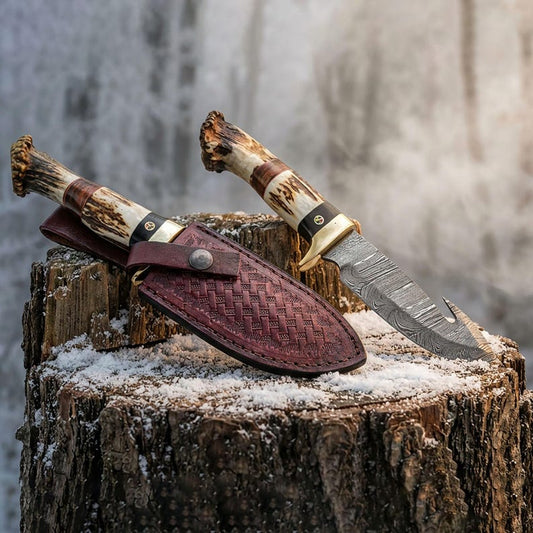 Damascus Gut Hook Skinner Knife: Antler Crown Handle, Leather Sheath