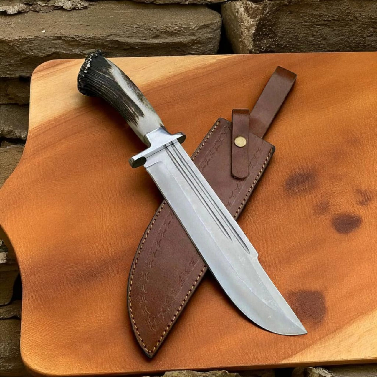 Hand-Forged High Carbon Steel Bowie Knife with Stag Handle | Hunting & Survival Knife with Leather Sheath