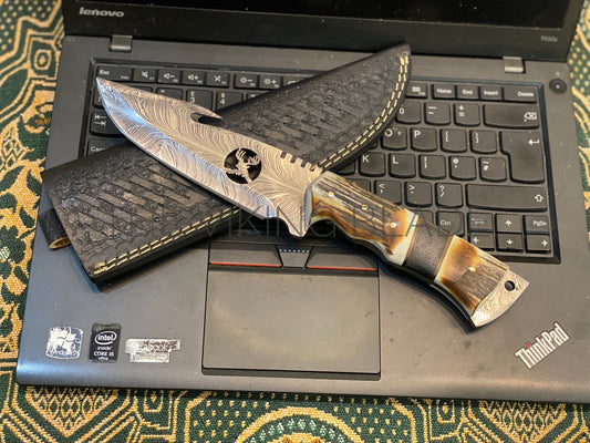 Handmade Damascus Guthook Knife: Stag Horn Handle, Black Leather Sheath