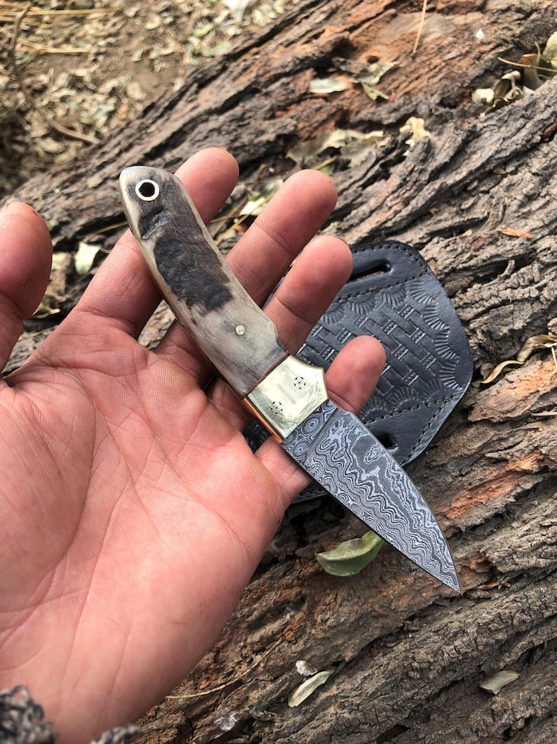 handmade damscus steel skinning knife edc knife with sheath