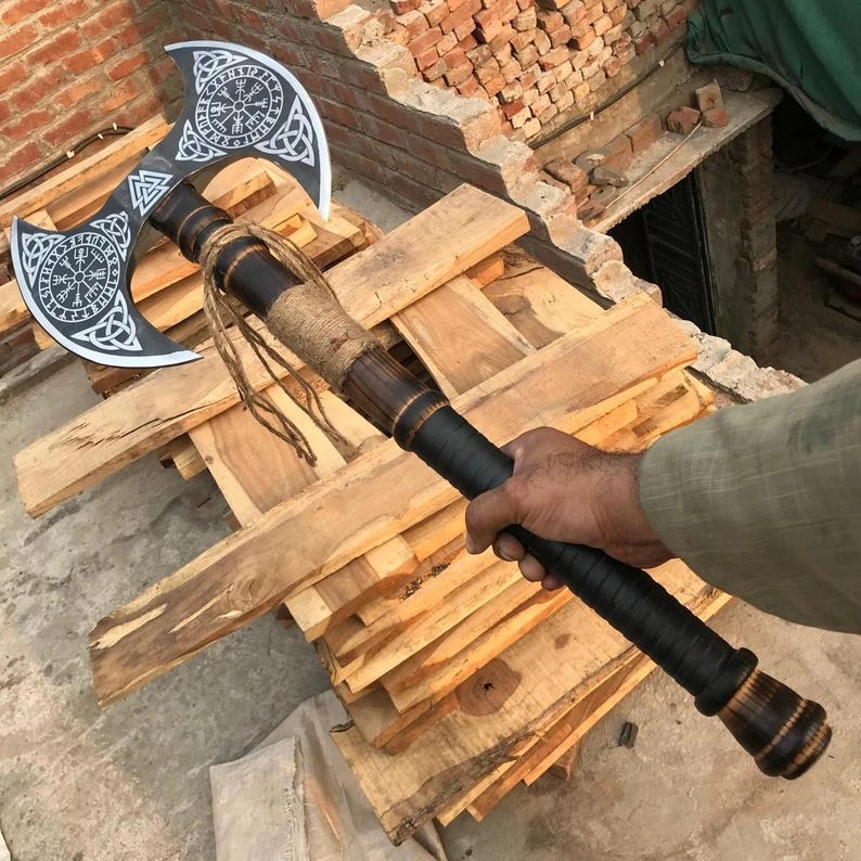 Handmade Carbon Steel Double Headed Viking Axe With Leather Sheath
