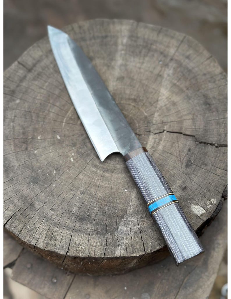 Handmade High-Carbon Steel Chef Knife: Black Wood & Turquoise Handle