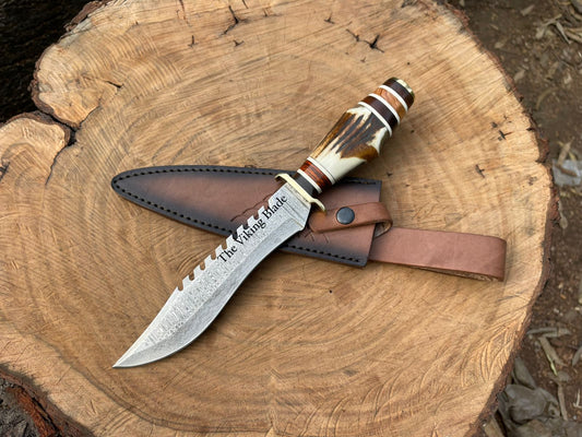 Handmade Damascus Bowie Knife with Stag Antler Handle – 14” Hunting Knife with Leather Sheath