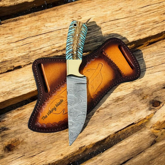 Custom Handmade Damascus Steel Hunting Knife with Turquoise Pine Cone Handle