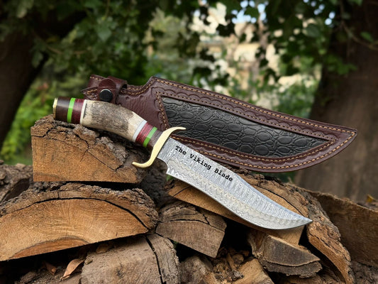 Handmade Damascus Bowie Knife with Stag Antler Handle – 14” Hunting Knife with Leather Sheath