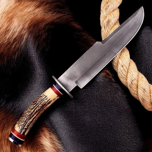 Custom Stag Horn Bowie Knife | Handmade Hunting Knife | Forged J2 Steel Blade + Leather Sheath