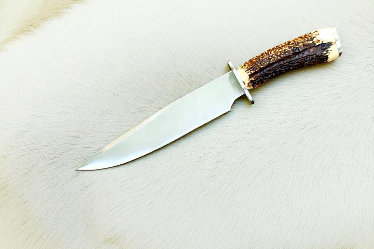 Handmade Stainless Steel Bowie Knife | Stag Horn Handle | Hunting Knife with Leather Sheath