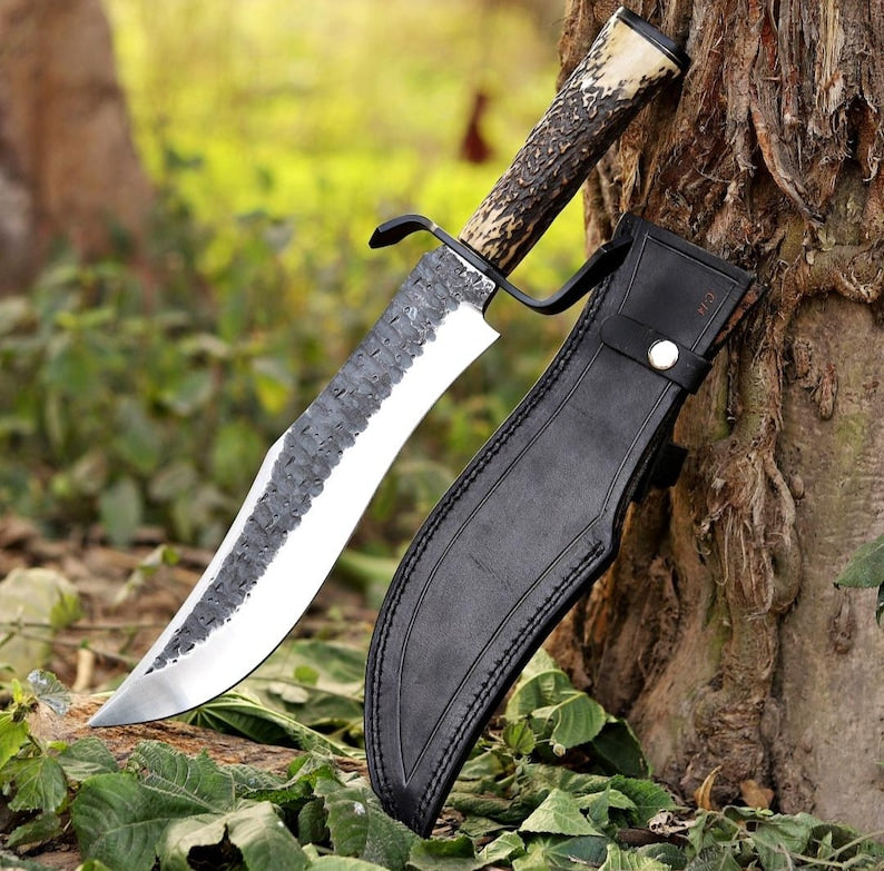 Handmade Bowie Knife 17 Inch Carbon Steel Blade with Antler Handle & Leather Sheath