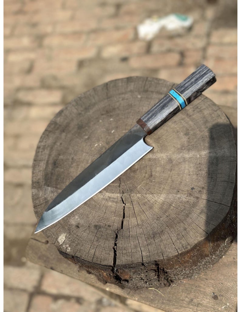 Handmade High-Carbon Steel Chef Knife: Black Wood & Turquoise Handle