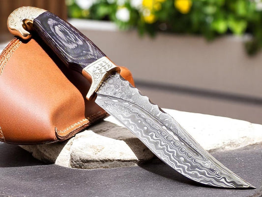 Custom Handmade Damascus Steel Hunting Knife With Leather Sheath