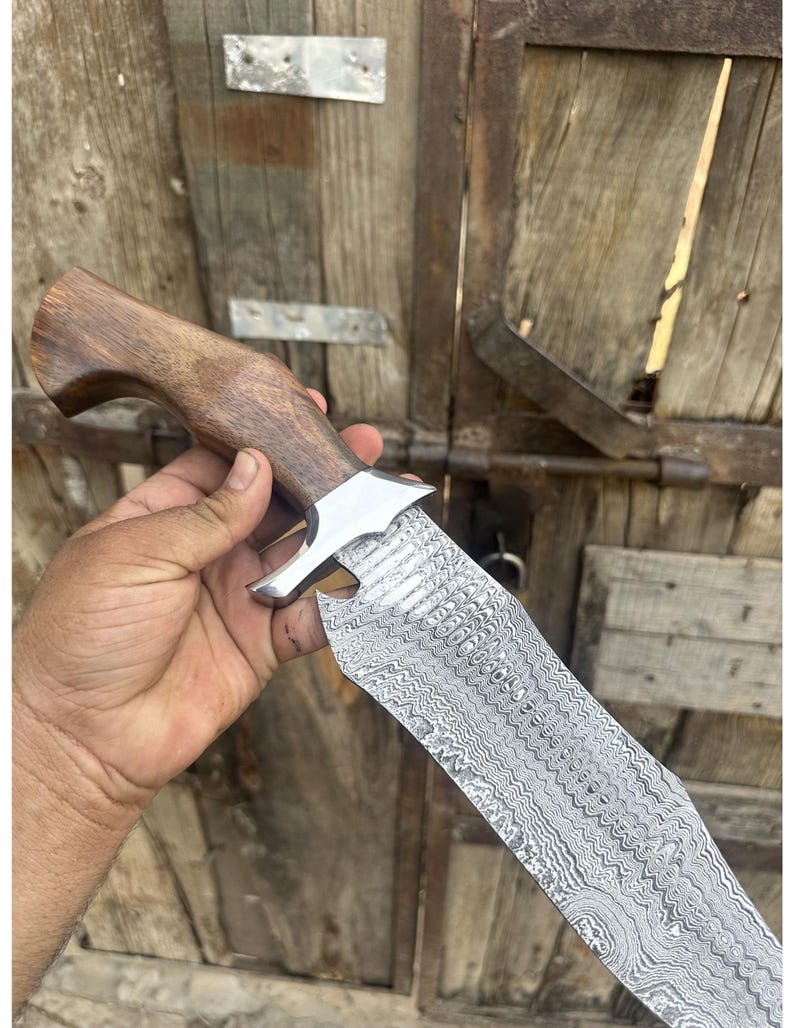 Custom Damascus Steel Hunting Bowie Knife | 15'' Handmade Survival Knife with Rose Wood Handle