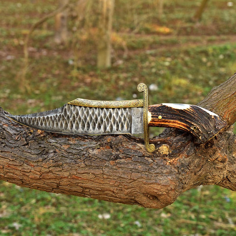 Bowie Hunting Knife, Stone Washed Stainless Steel, Stag Horn Handle