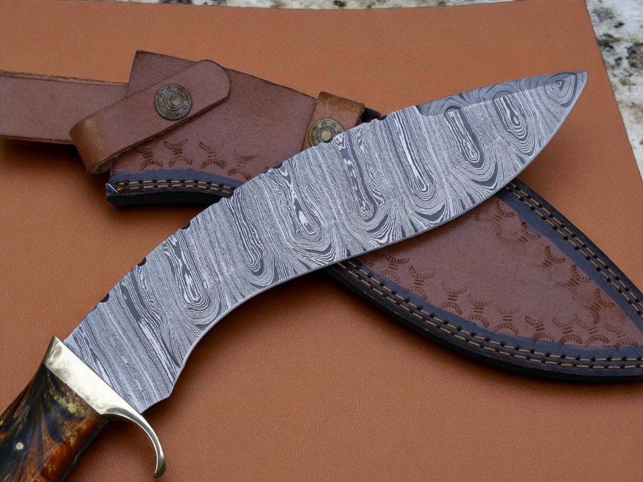 Custom Handmade Damascus Steel Kukri Knife With Leather Sheath