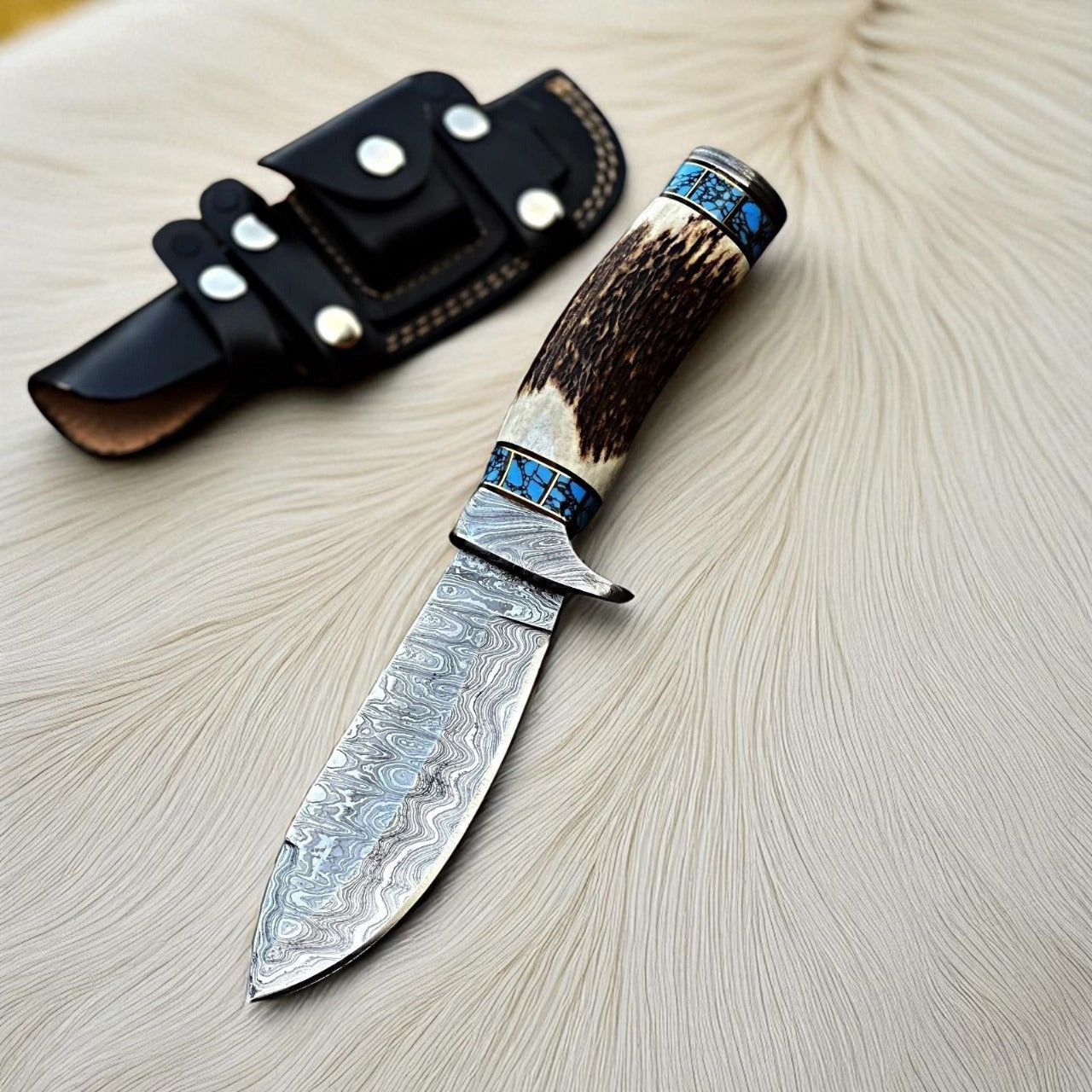 Handmade Damascus Steel Skinner Knife | Stag Handle | Hunting Knife with Leather Sheath