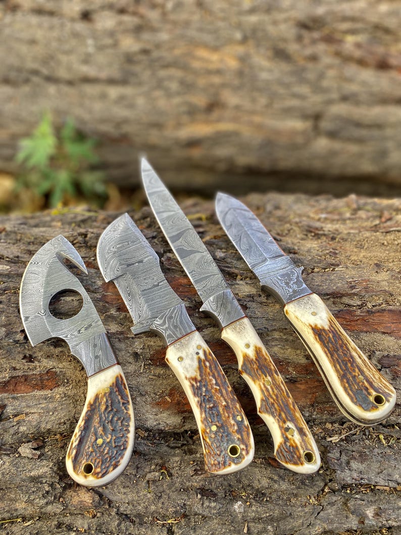 Handmade Damascus Steel Hunting Knife 4 Pc Set Roll Beg,Best For Gift Birthday Best For Gift Christmas