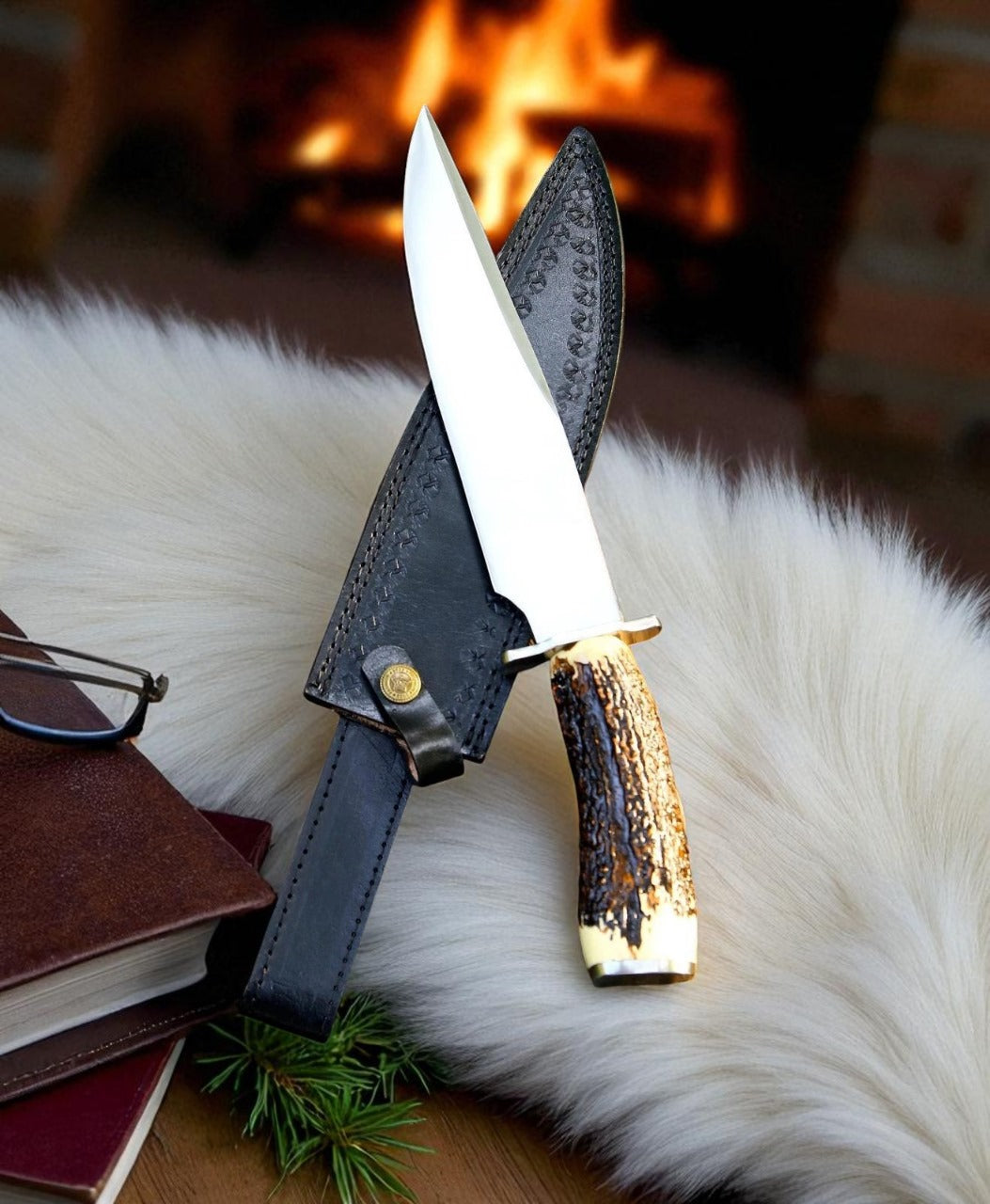Handmade Stainless Steel Bowie Knife | Stag Horn Handle | Hunting Knife with Leather Sheath