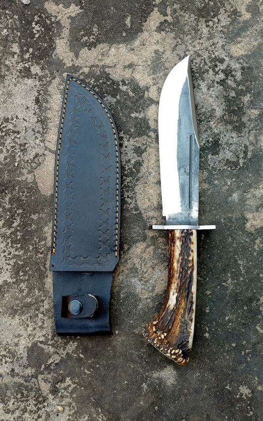 Handmade Bowie Knife – 1095 High Carbon Steel Blade, Stag Antler Handle, 13" Hunting Knife with Leather Sheath