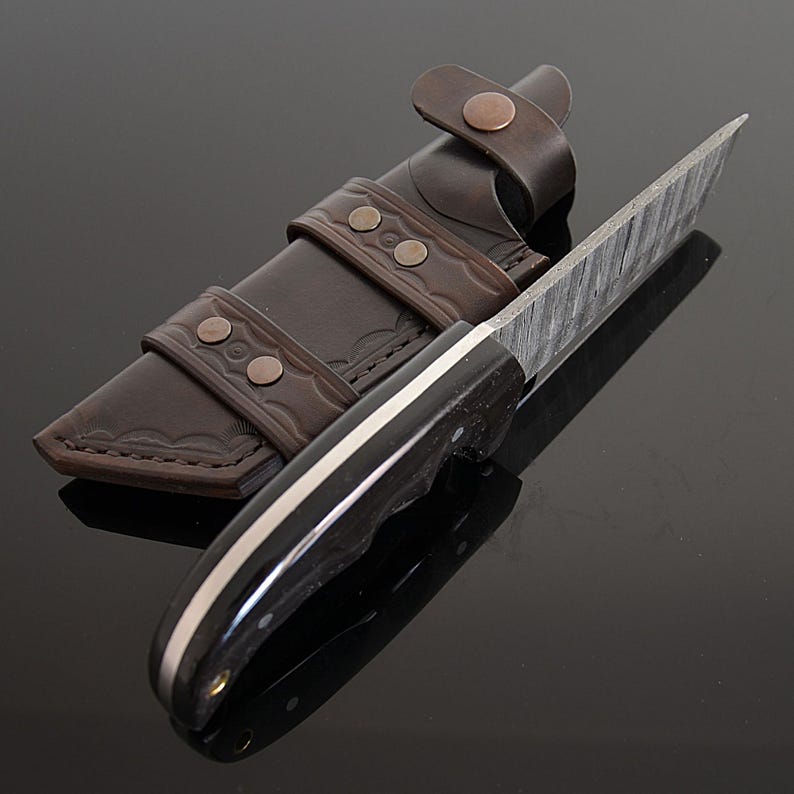 Full Tang Damascus Tanto Knife with Black Buffalo Horn Handle and Handmade Horizontal Leather Belt Sheath