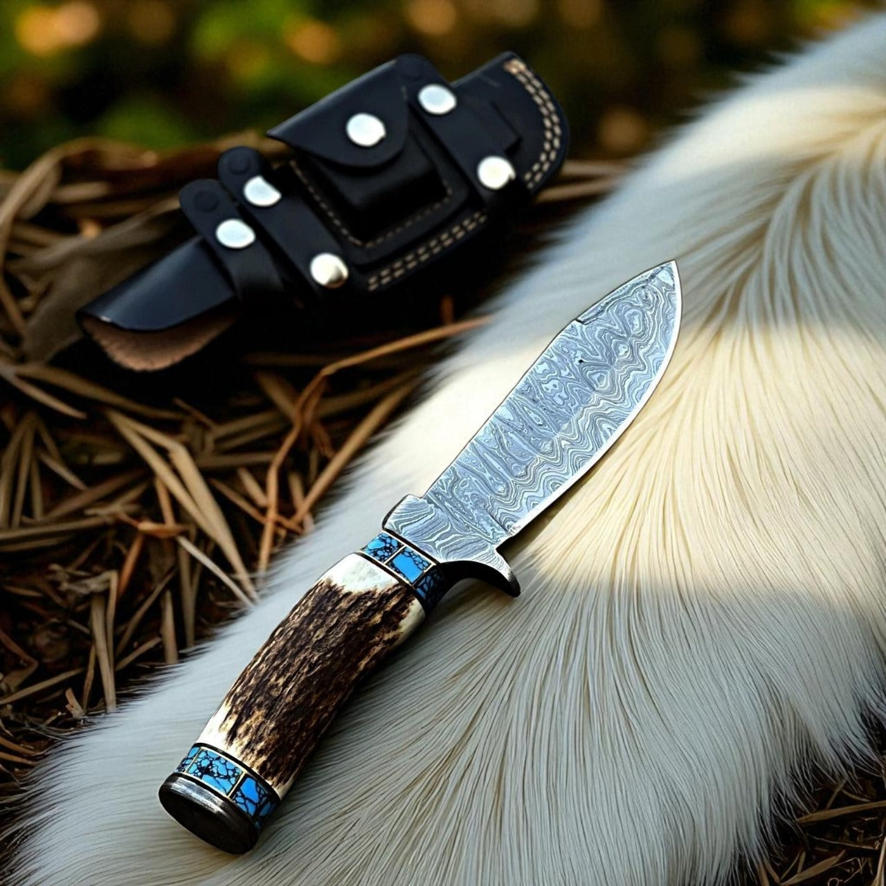Handmade Damascus Steel Skinner Knife | Stag Handle | Hunting Knife with Leather Sheath