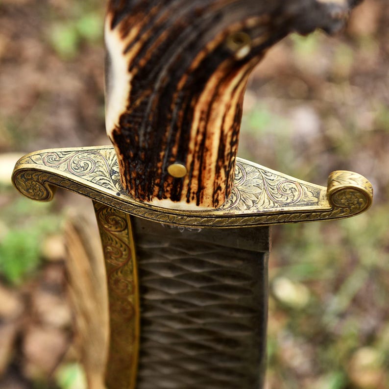 Bowie Hunting Knife, Stone Washed Stainless Steel, Stag Horn Handle