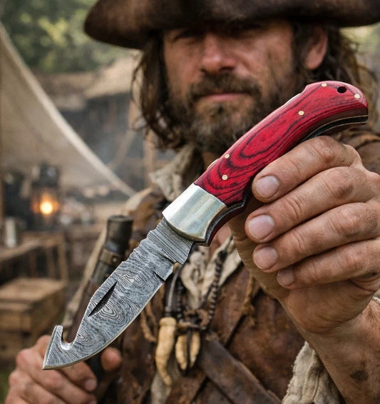 Handcrafted Damascus Steel Folding Blade Pocket Knife Wood Handle Gut-Hook