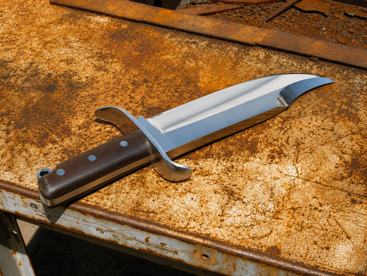 A fixed-blade knife with a polished silver blade and a brown wooden handle, resting diagonally on a heavily rusted metal workbench.