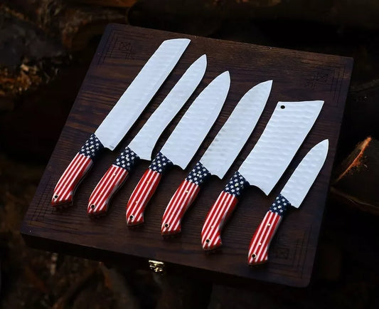 Custom Handmade Carbon Steel Chef Set Of 6 pcs Kitchen Knives Set w/ Leather Bag