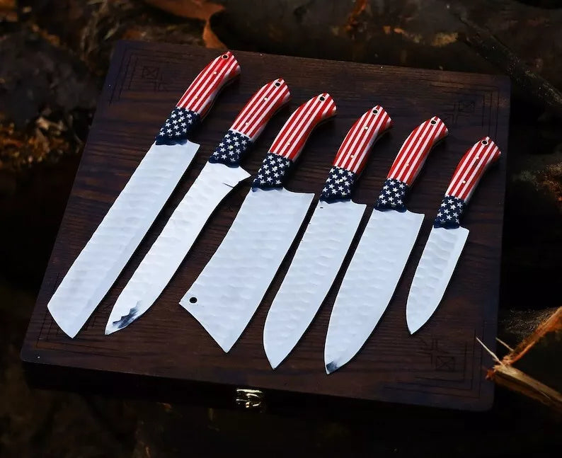 Custom Handmade Carbon Steel Chef Set Of 6 pcs Kitchen Knives Set w/ Leather Bag