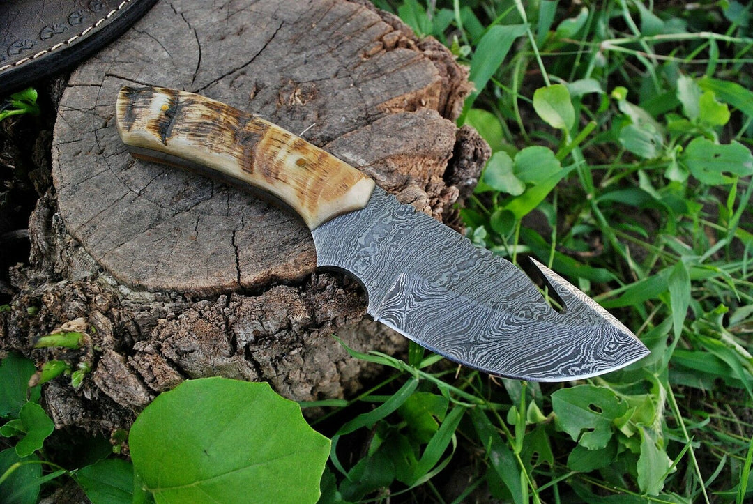 Custom Handmade Damascus Steel Guthook Skinning Knife With Leather Sheath