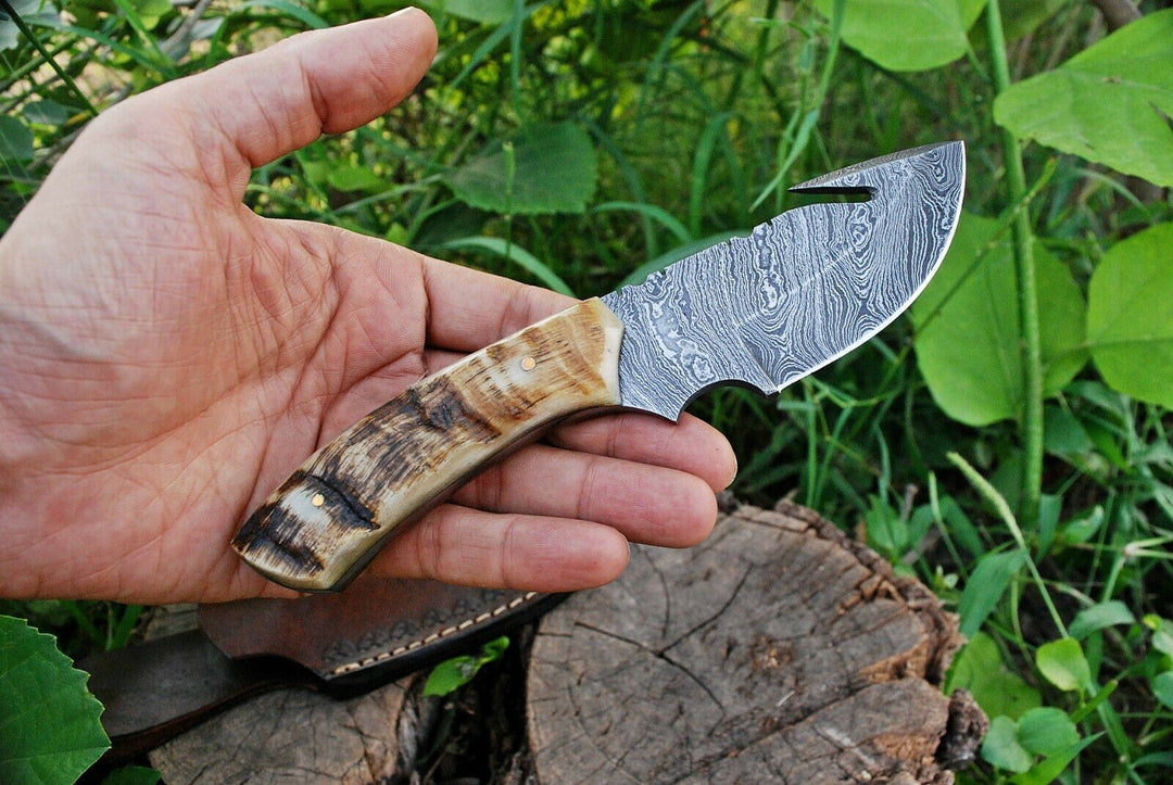 Custom Handmade Damascus Steel Guthook Skinning Knife With Leather Sheath