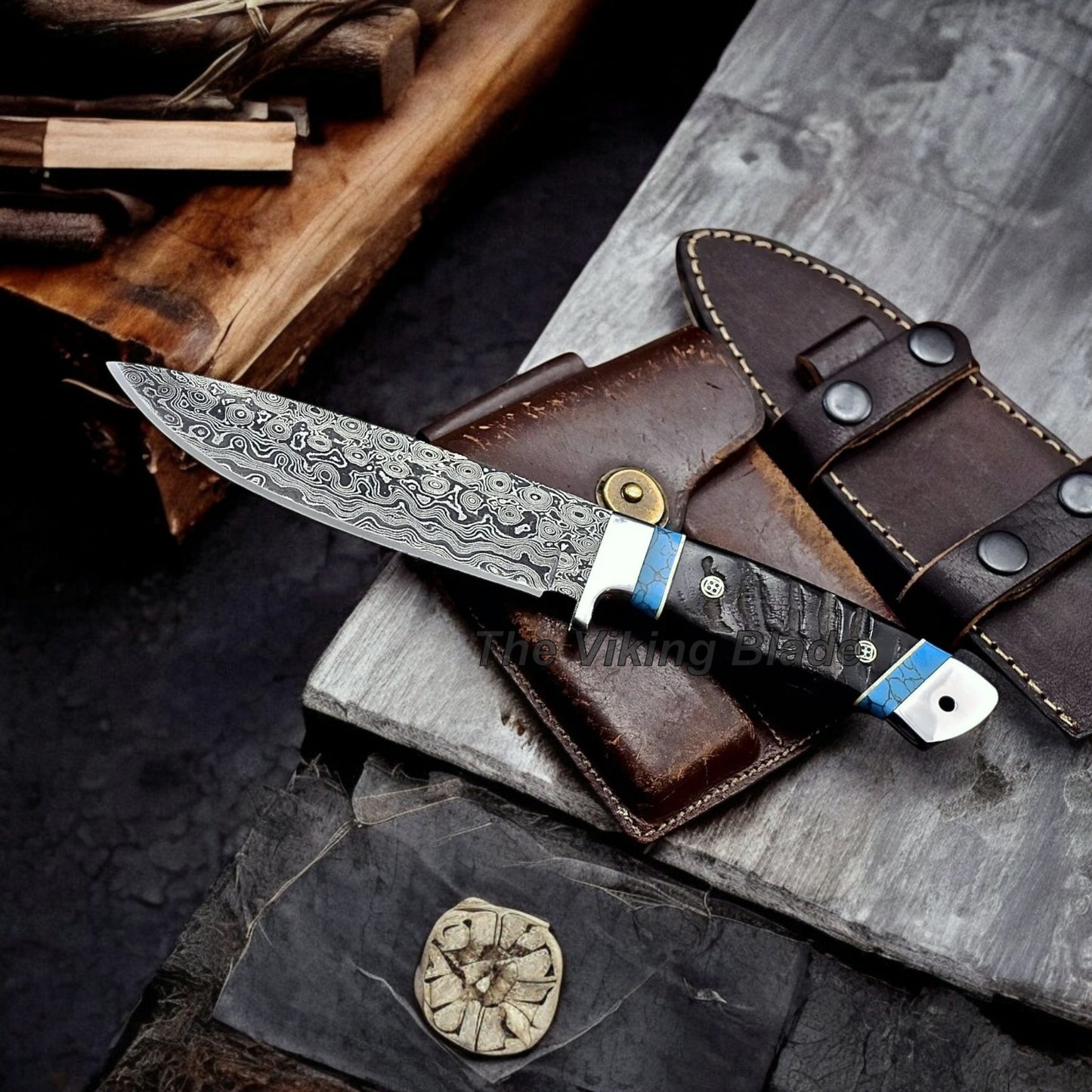 Custom Handmade Damascus Steel Sheep Horn Hunting Sport Knife With Leather Sheath