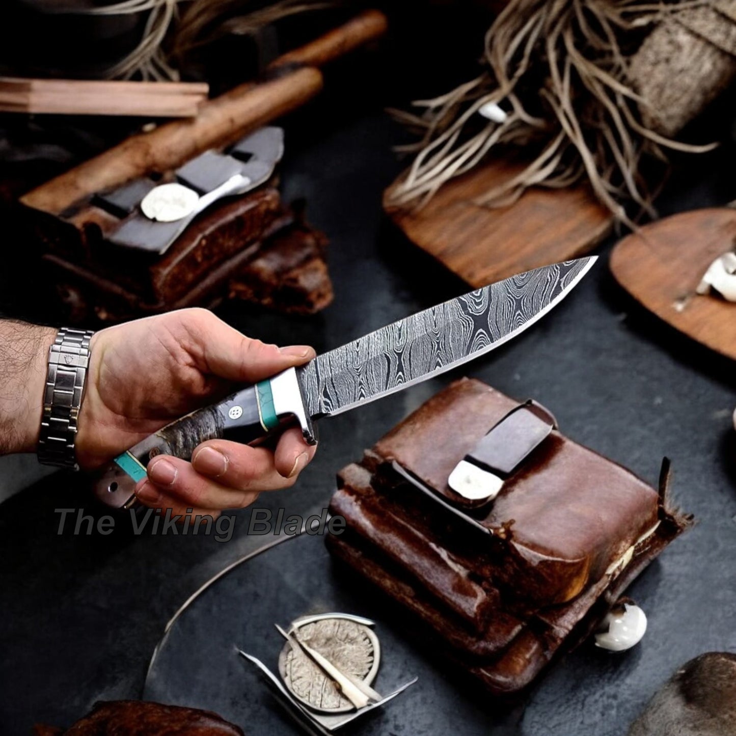 Custom Handmade Damascus Sheep Horn Hunting Sport Knife With Leather Sheath