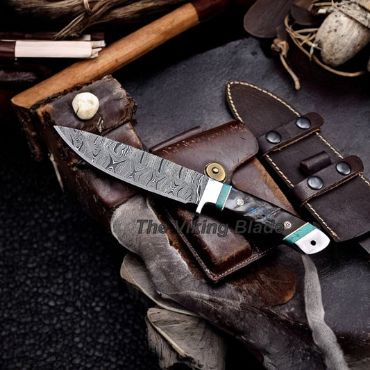 Custom Handmade Damascus Sheep Horn Hunting Sport Knife With Leather Sheath