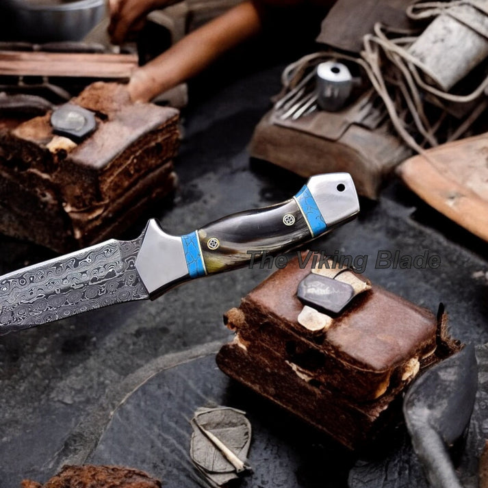 Custom Damascus Steel Fillet Knife with Buffalo Horn & Rosewood Handle - 13