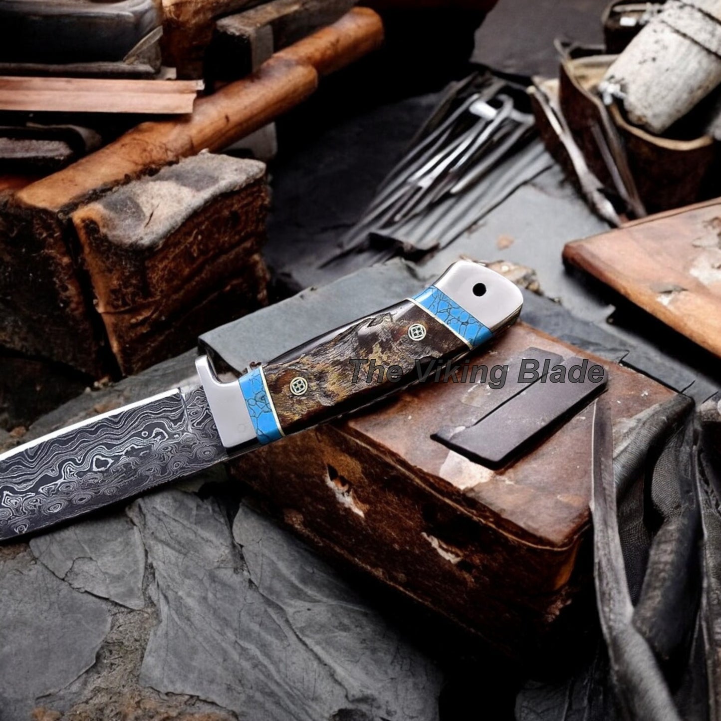 Custom Handmade Damascus Steel Sheep Horn Hunting Sport Knife With Leather Sheath