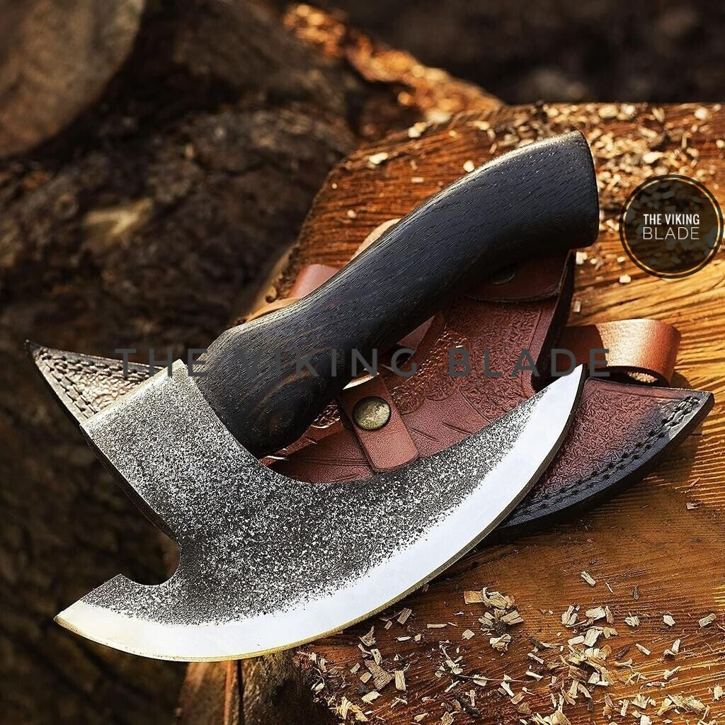 Valhalla Viking axe pizza cutter premium handmade kitchen tool with carbon steel blade and leather sheath.