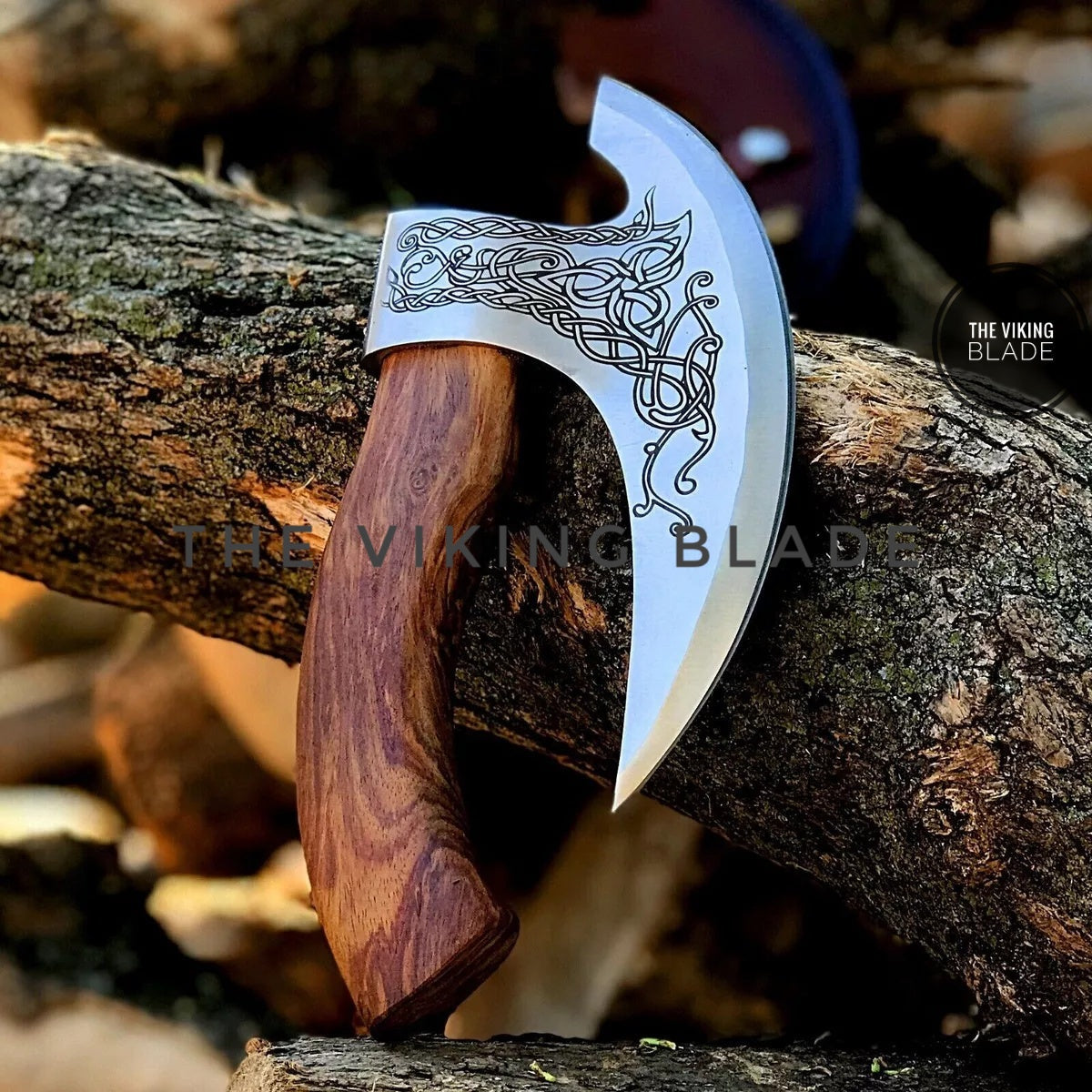 Valhalla Viking pizza cutter axe premium handmade carbon steel blade with rustic wooden handle kitchen tool.
