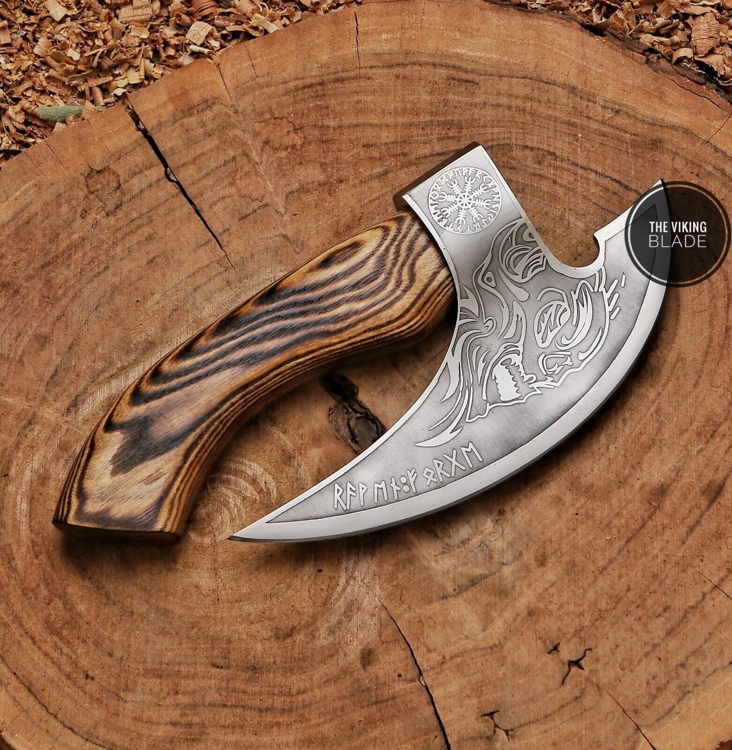 Handmade Viking pizza axe cutter with carbon steel blade and wooden handle, durable kitchen cutting tool.